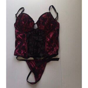 Vtg Native Intimates Coreset & Thong Lingerie Black Maroon Lace Black Ribbon 34B
